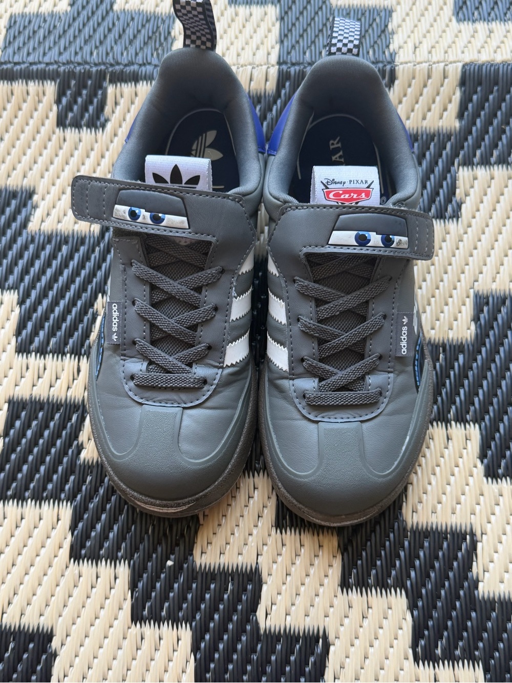 Adidas Kids Gray Sneakers with White Stripes and 'Cars' Eye Details